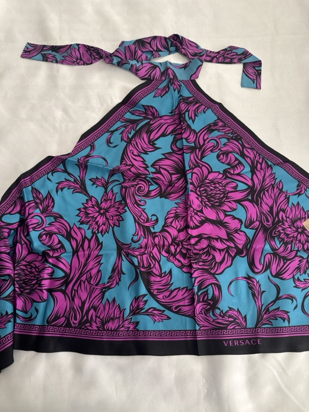 Versace Vibrant backless Floral Halter Scarf Top in Turquoise & Fuchsia